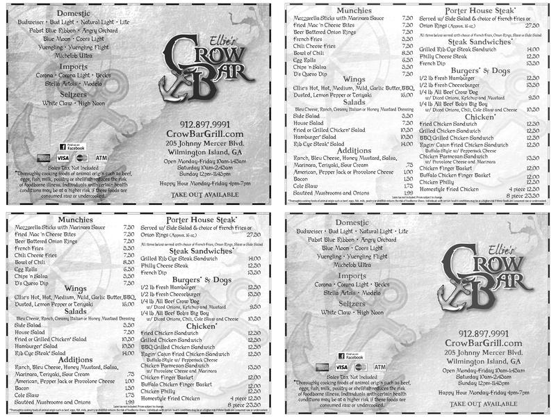 Ellie's Crow Bar Lounge Menu
