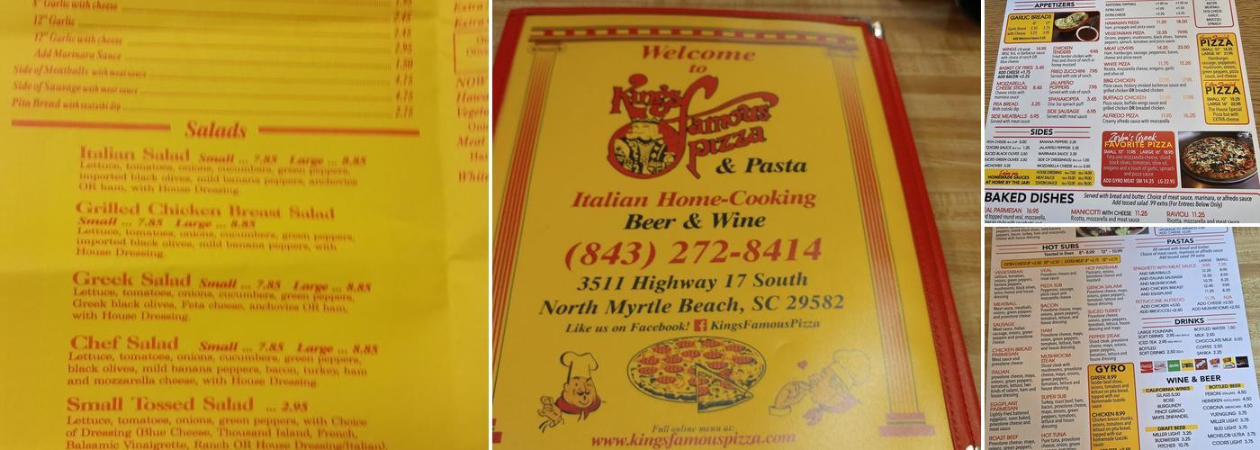 King's Famous Pizza and Pasta Menu