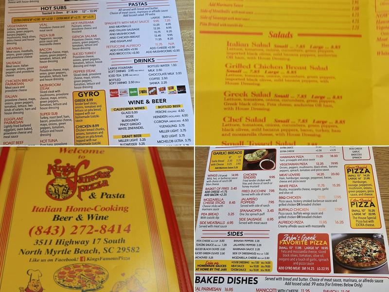 King's Famous Pizza and Pasta Menu