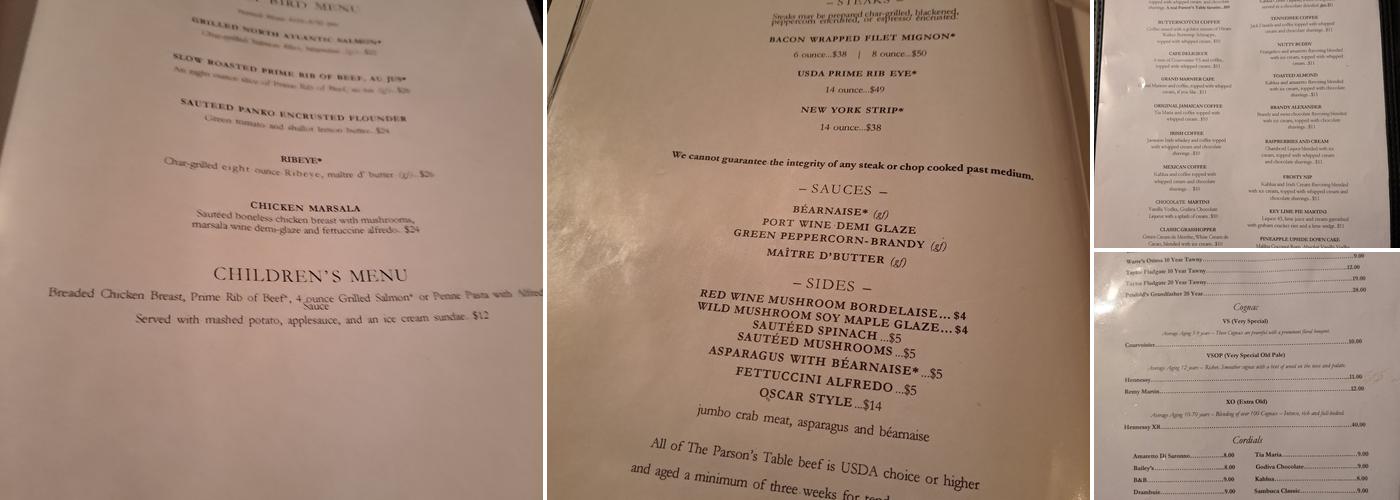 The Parson's Table Menu