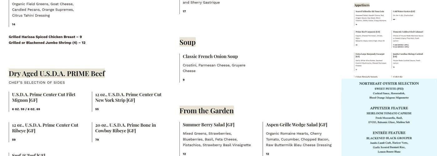 Aspen Grille Menu