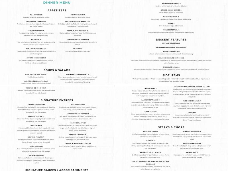 Filet's Waterfront Menu