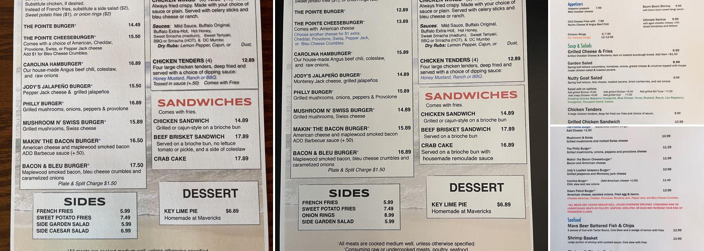 Mavericks Pointe Menu