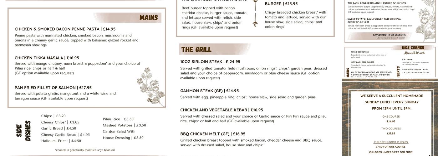 The Barn at Pengarreg Menu