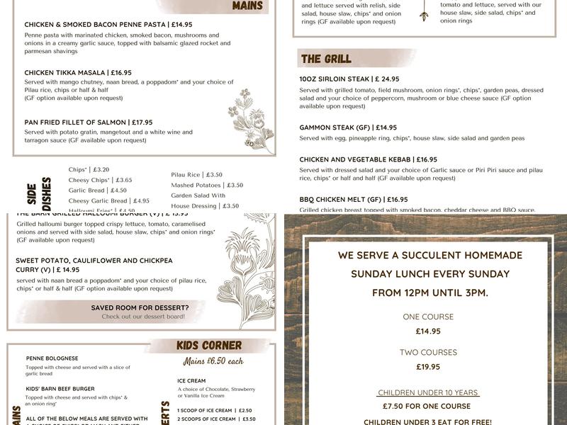 The Barn at Pengarreg Menu