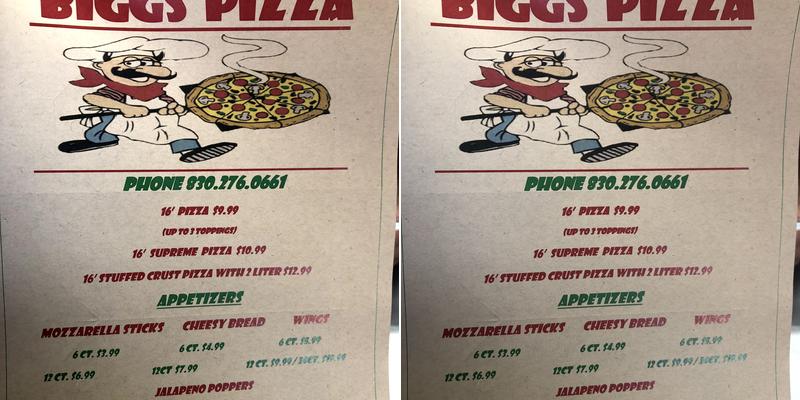 Biggs Pizza Menu