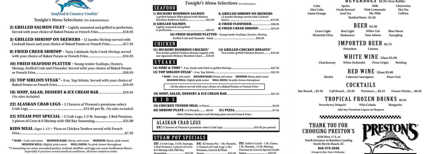 Preston's Seafood & Country Buffet Menu