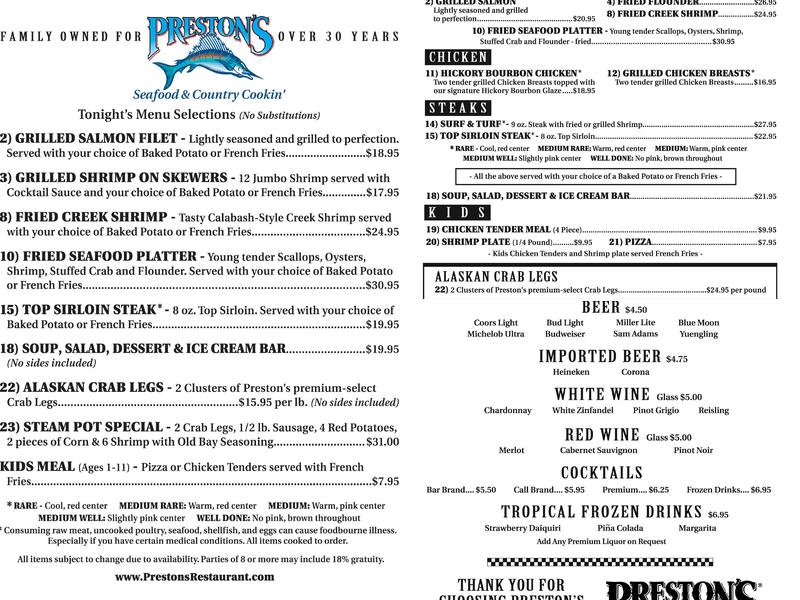 Preston's Seafood & Country Buffet Menu