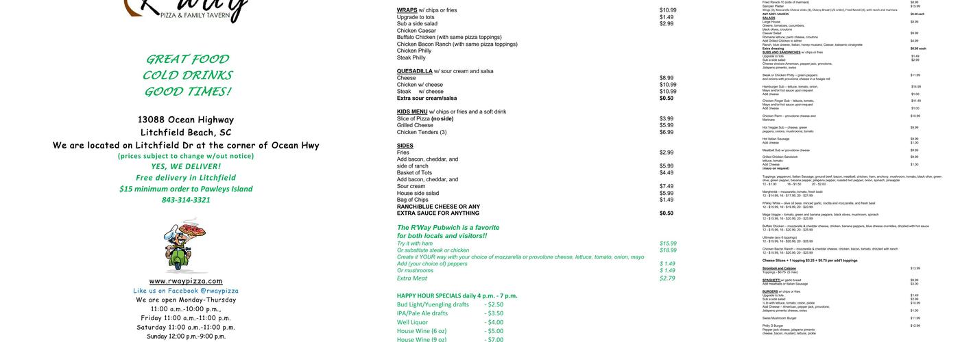 R'Way Pizza and Family Tavern Menu