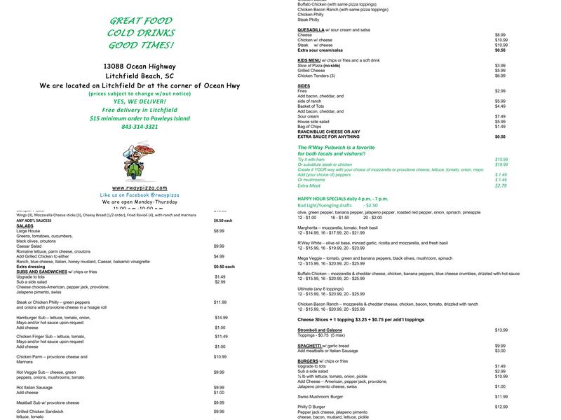 R'Way Pizza and Family Tavern Menu