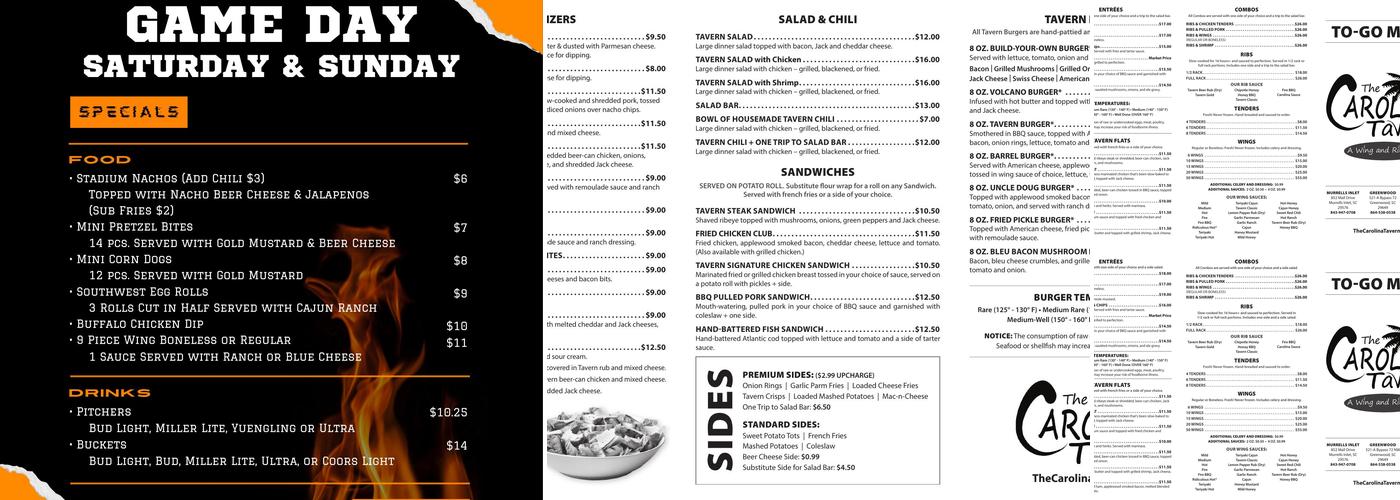The Carolina Tavern in Murrells Inlet Menu