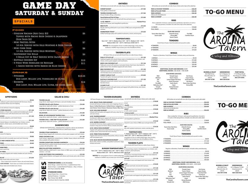 The Carolina Tavern in Murrells Inlet Menu