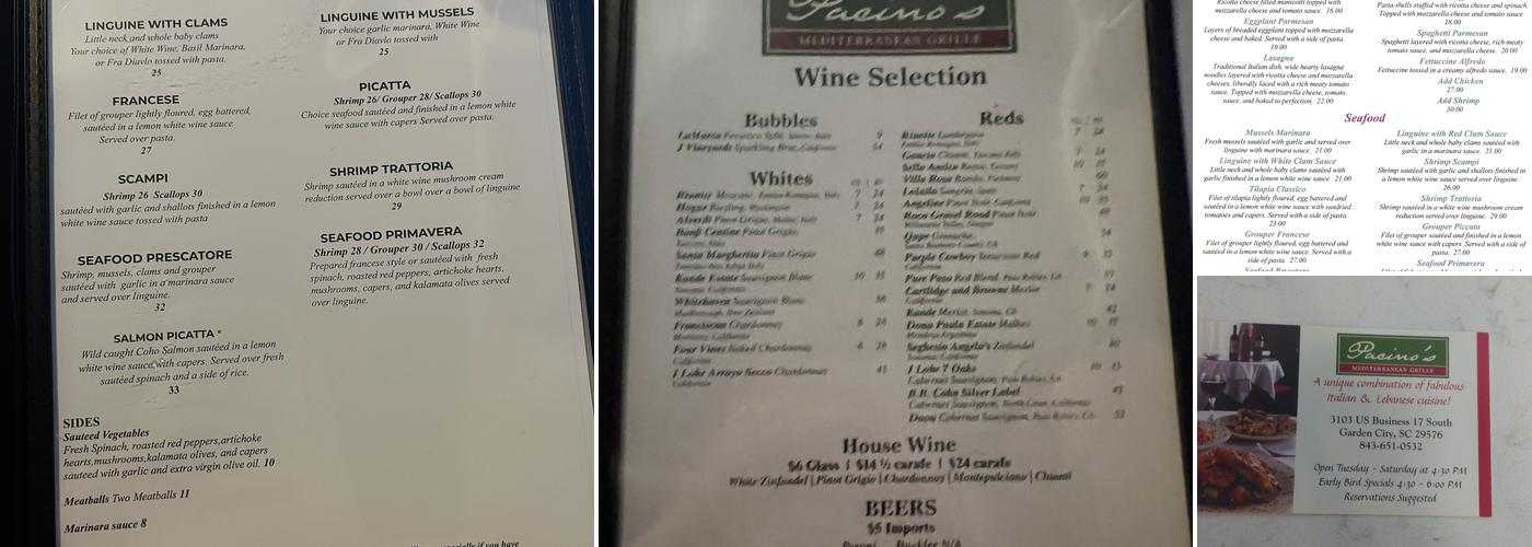 Pacino's Ristorante Menu