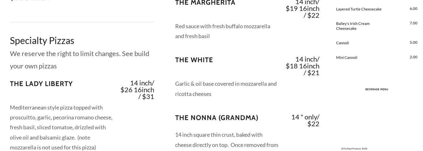 Bambini's Pizzeria Menu