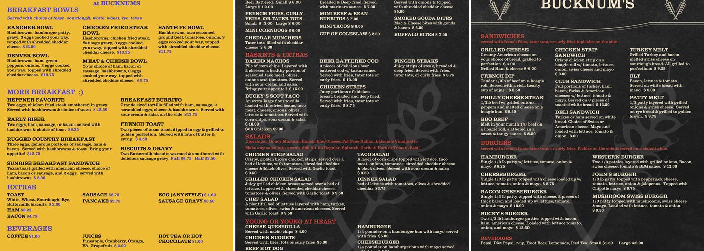 Bucknum's Menu