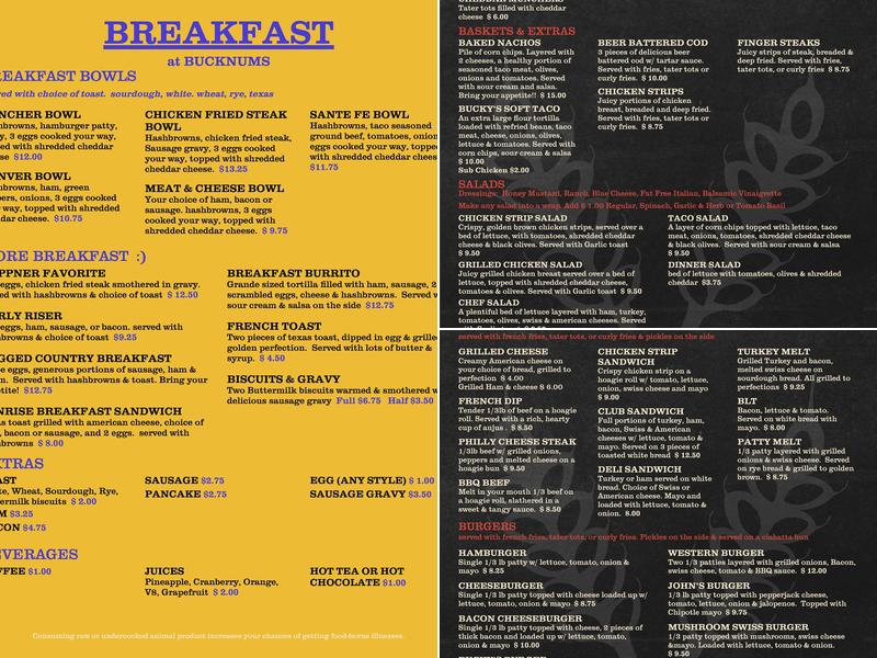 Bucknum's Menu