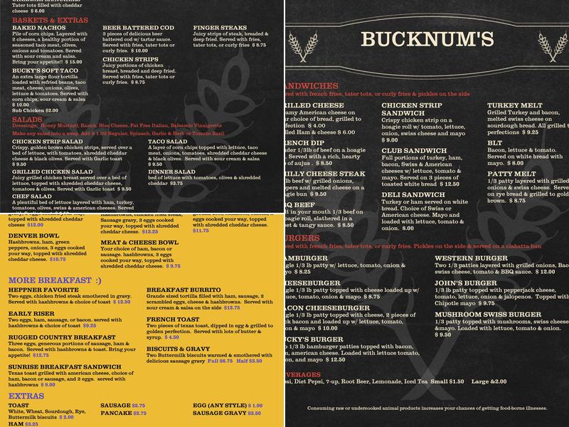 Bucknum's Menu