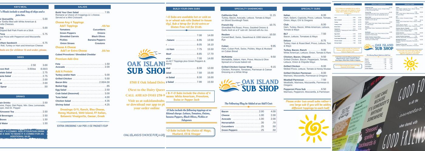 Oak Island Sub Shop Menu