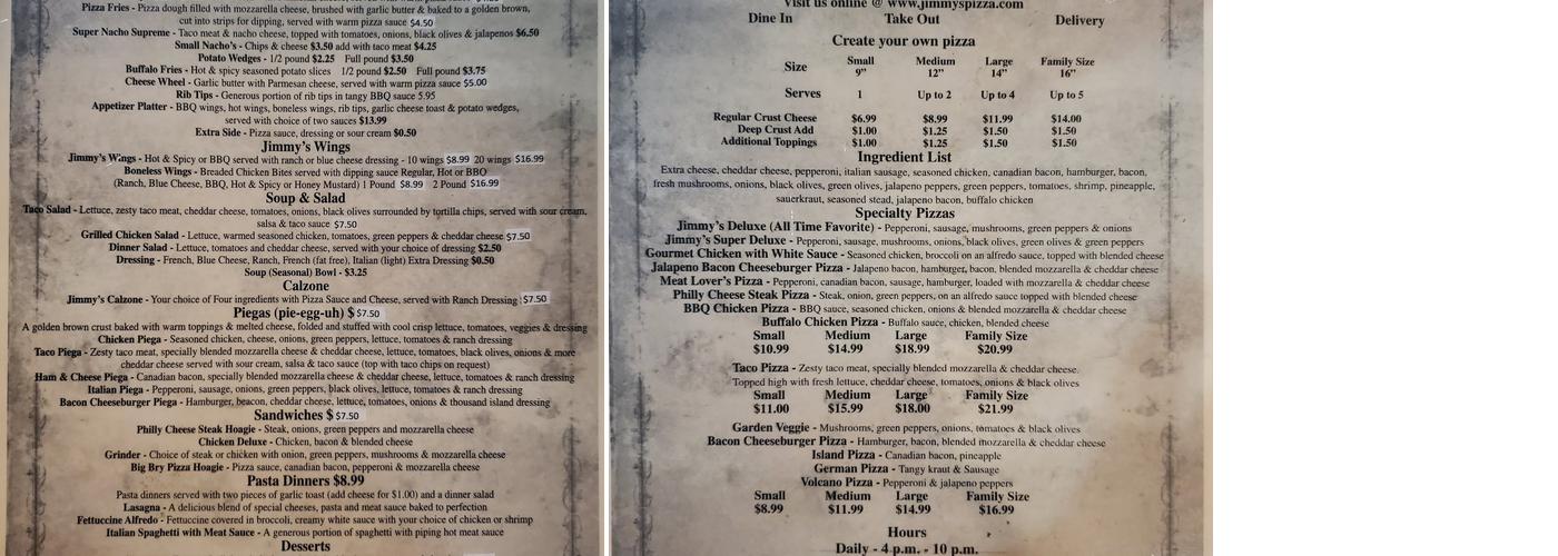 Jimmy's Pizza Menu