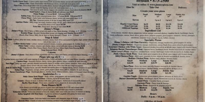 Jimmy's Pizza Menu