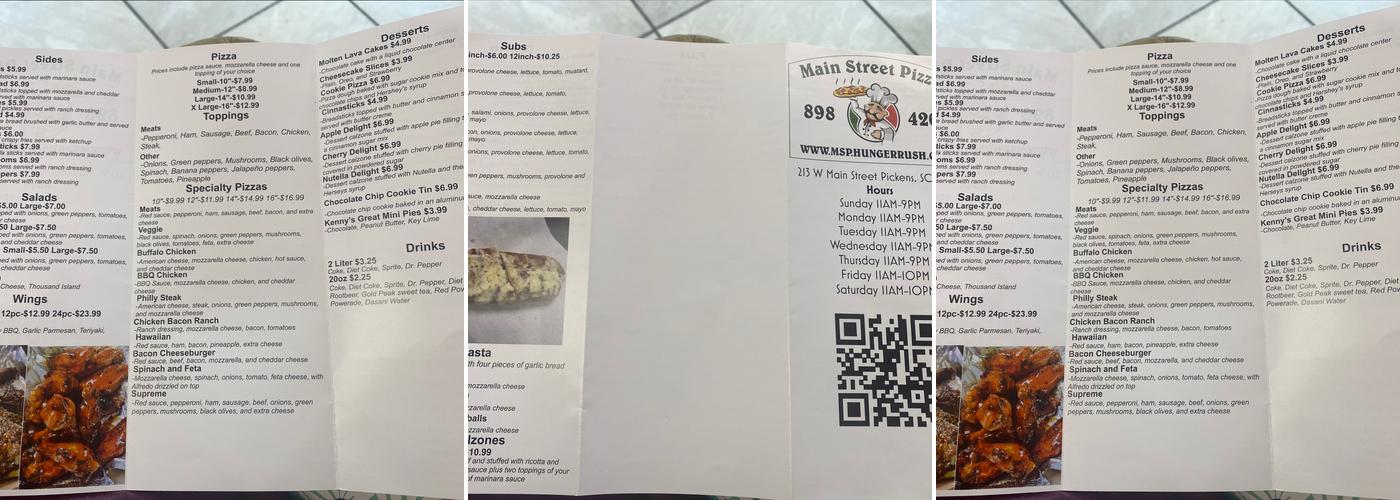 Main Street Pizzeria Menu