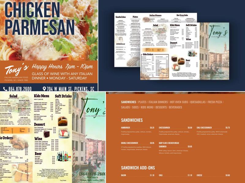 Tony's restaurant Menu
