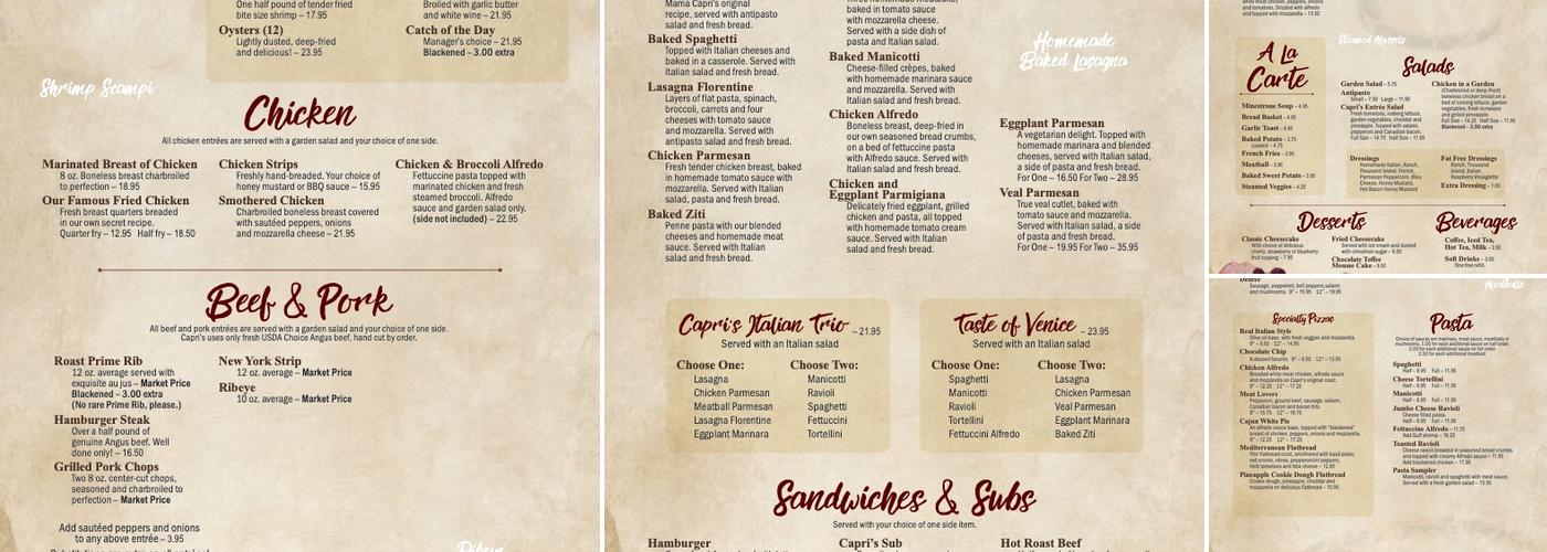 Capri's Italian Restaurant Menu
