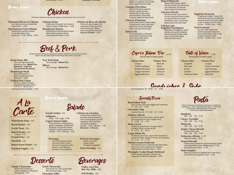 Capri's Italian Restaurant Menu