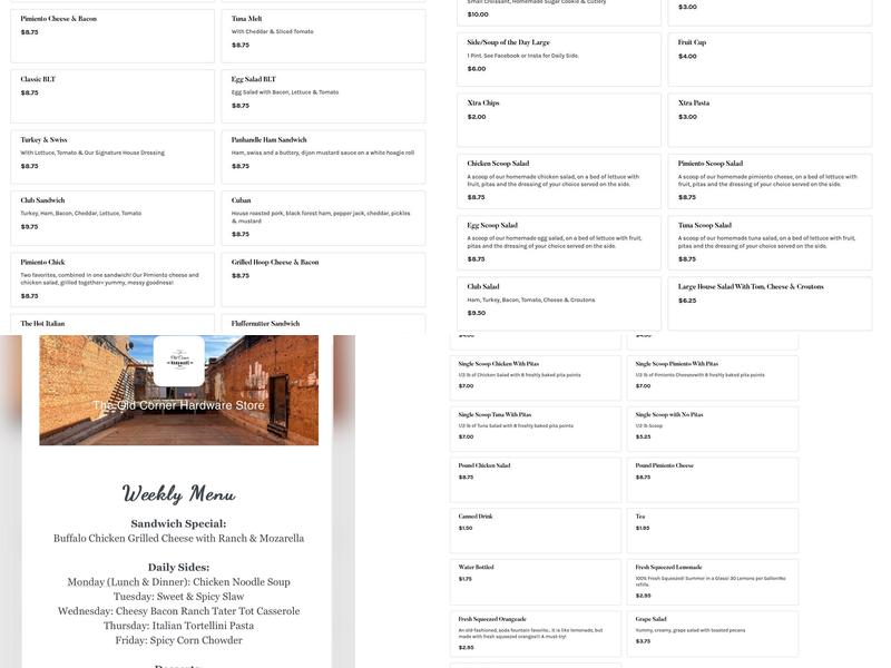 Old Corner Hardware Store Sandwich Shop Menu