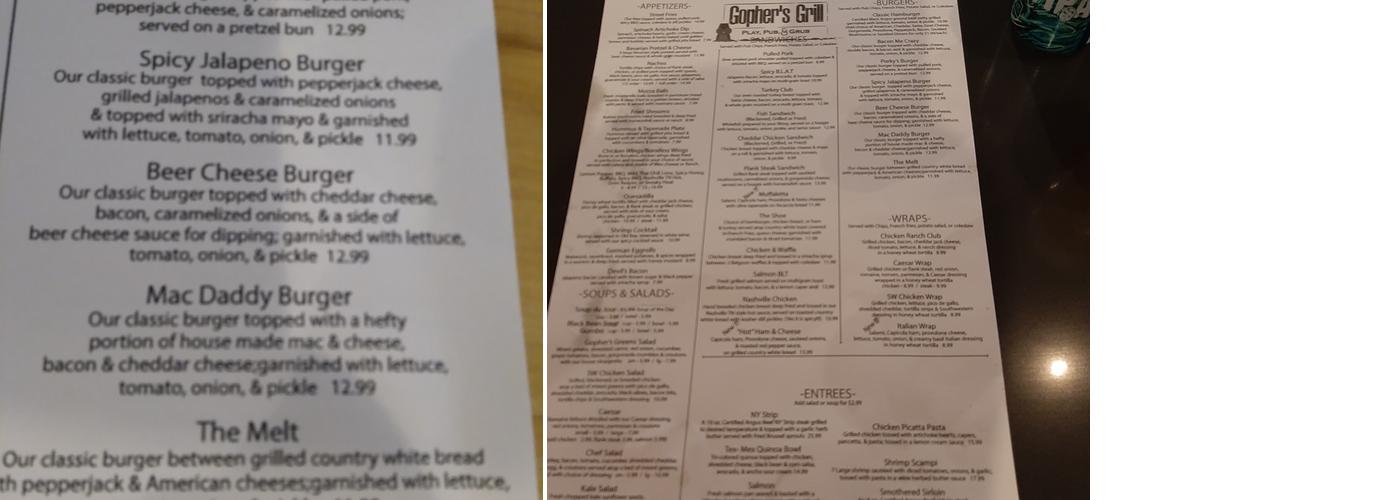 Gopher’s Grill Menu