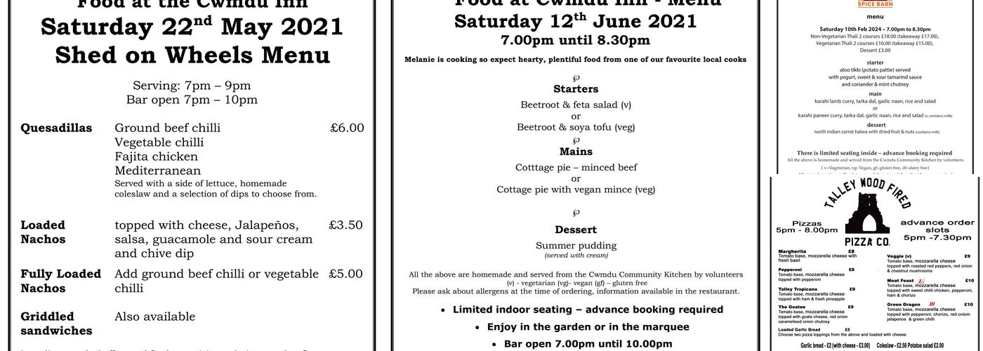 Cwmdu Inn, Shop & Post Office Menu