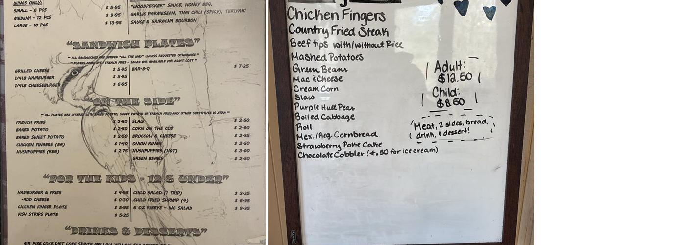 Woodpecker's Steak & Fish Menu