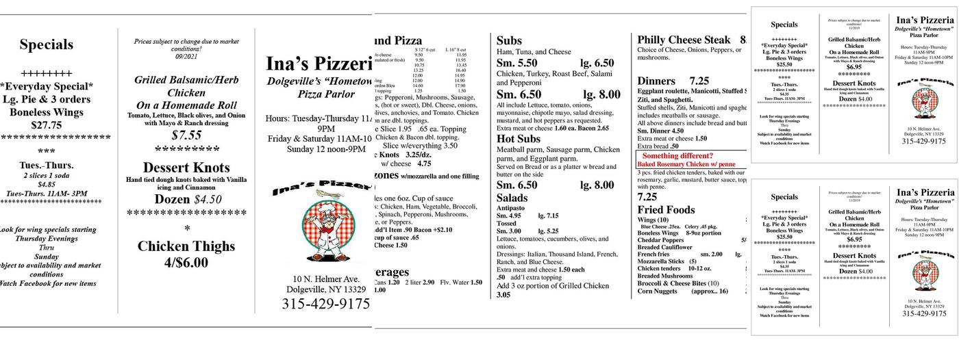 Ina's Pizzeria Menu