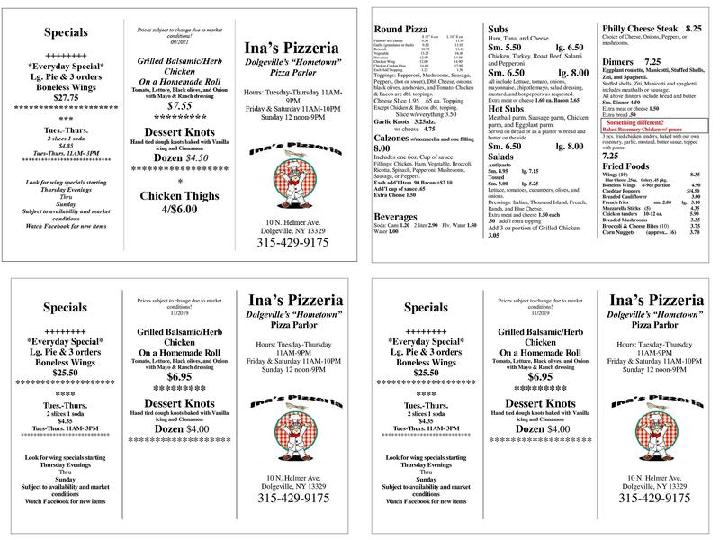 Ina's Pizzeria Menu