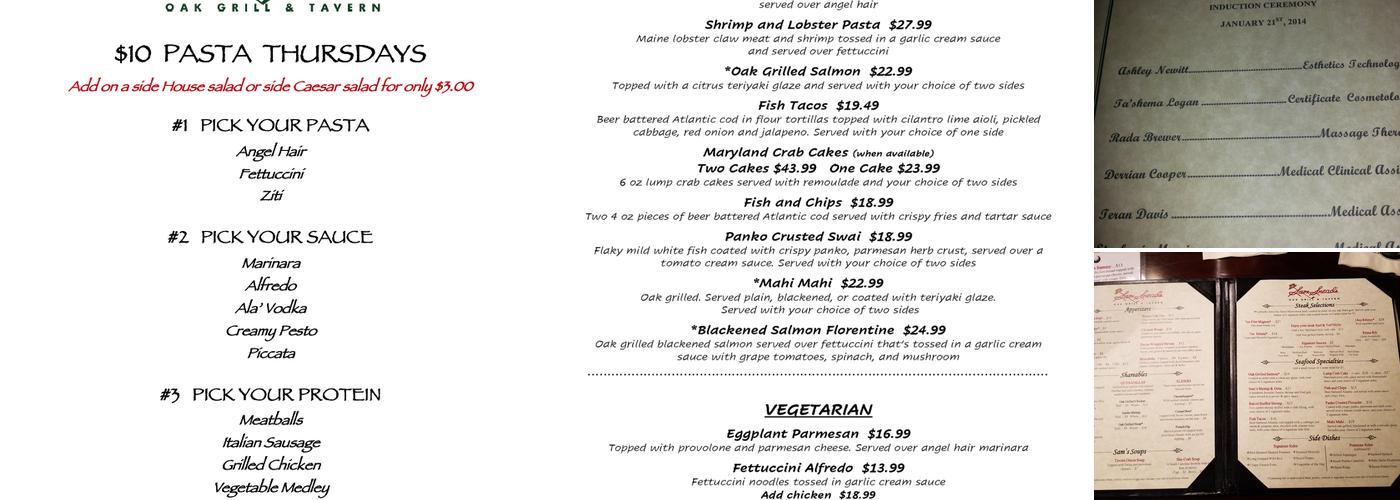 Sam Snead's Oak Grill & Tavern Restaurant Menu