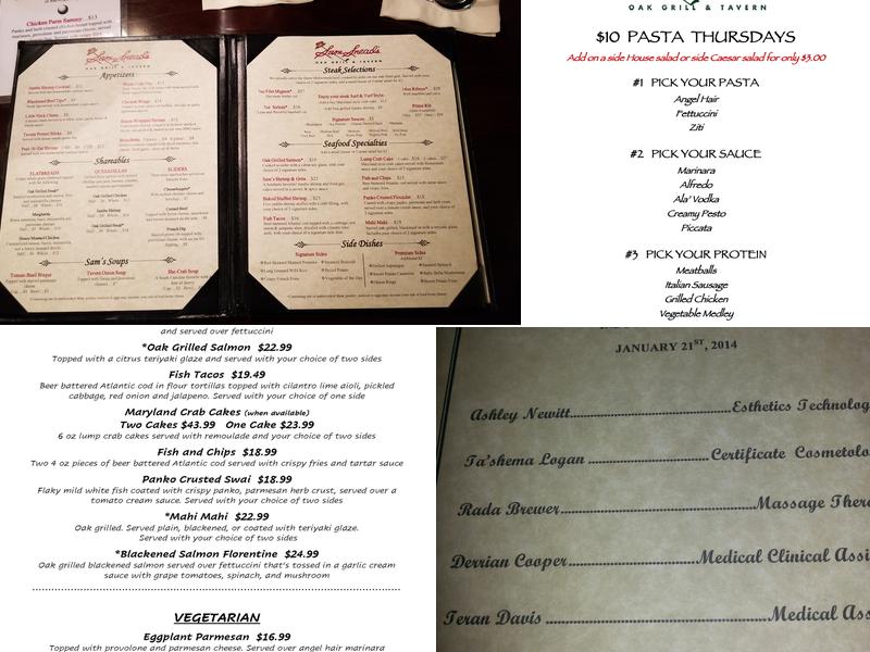 Sam Snead's Oak Grill & Tavern Restaurant Menu