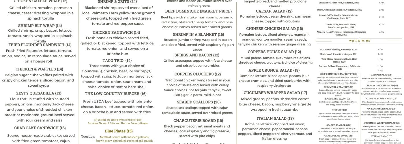 Coppers Restaurant Menu