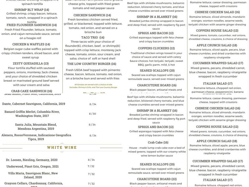 Coppers Restaurant Menu