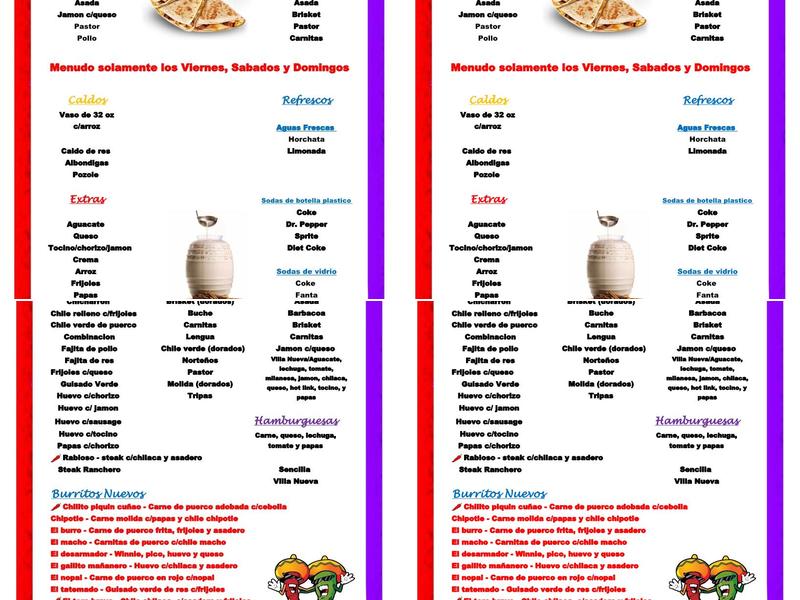 Taqueria Villa Nueva Menu