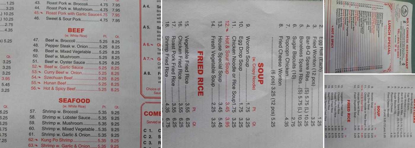 No.1 Restaurant Menu