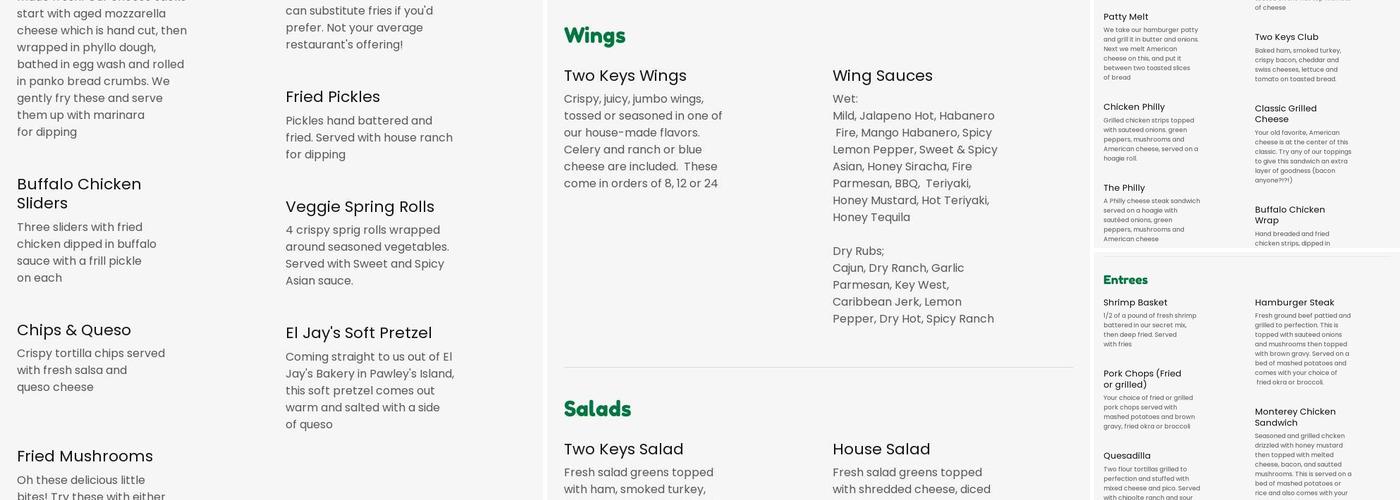 Two Keys Tavern Menu