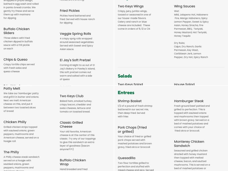 Two Keys Tavern Menu