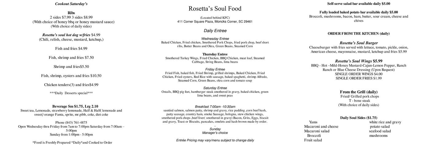 Rosetta's Soul Food Menu