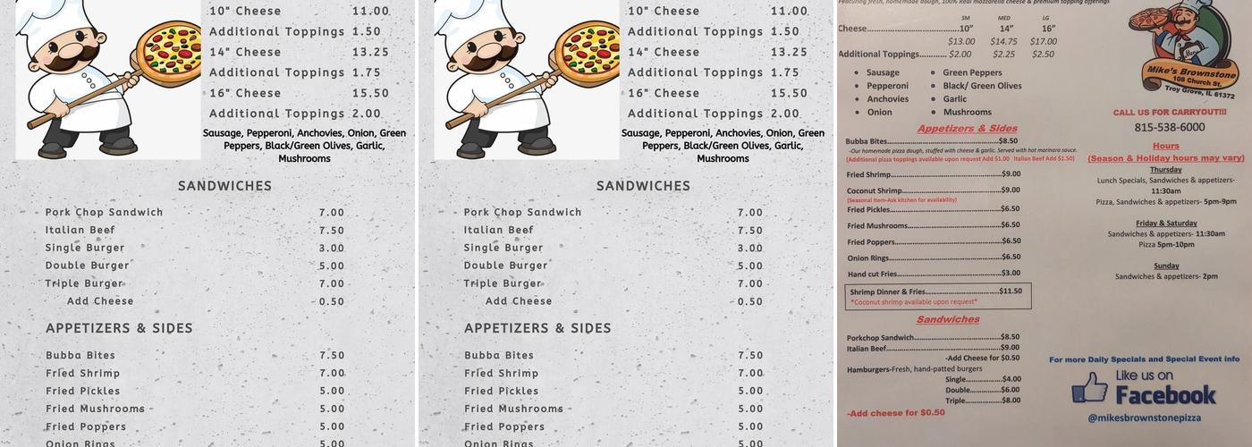 Mike's Brownstone Pizza and Bar Menu