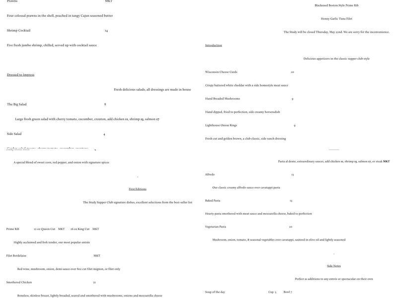 The Study Supper Club Menu