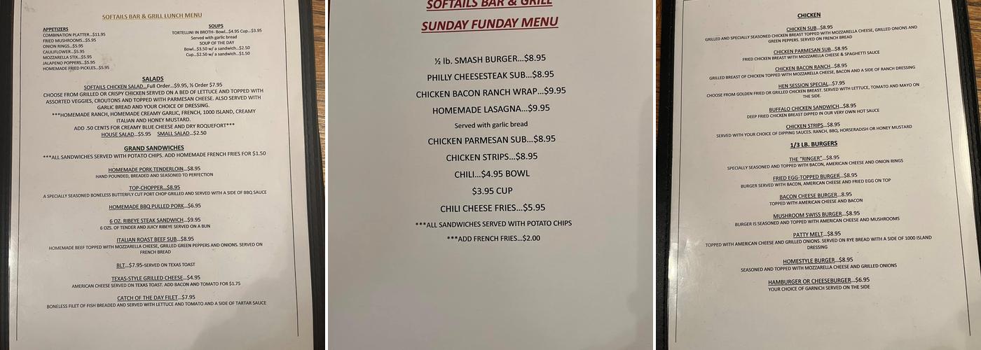 Softails Bar & Grill Menu
