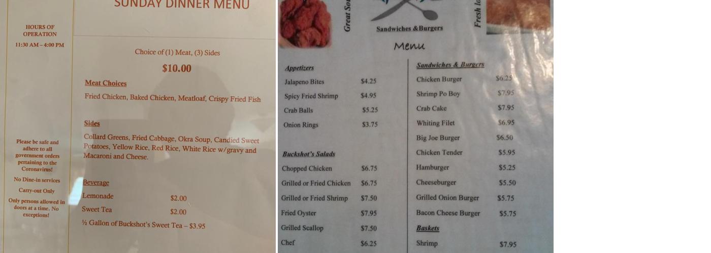 Buckshot’s Restaurant Menu