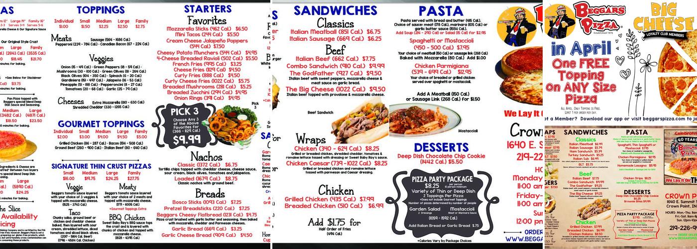 Beggars Pizza Menu