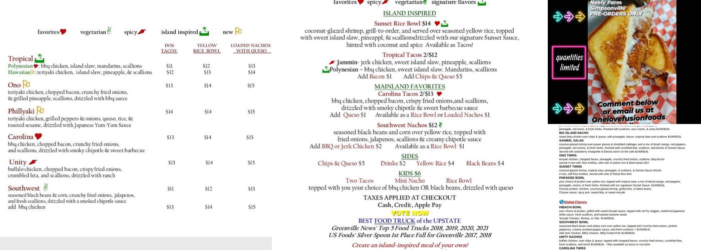 One Love Fusion Foods Menu