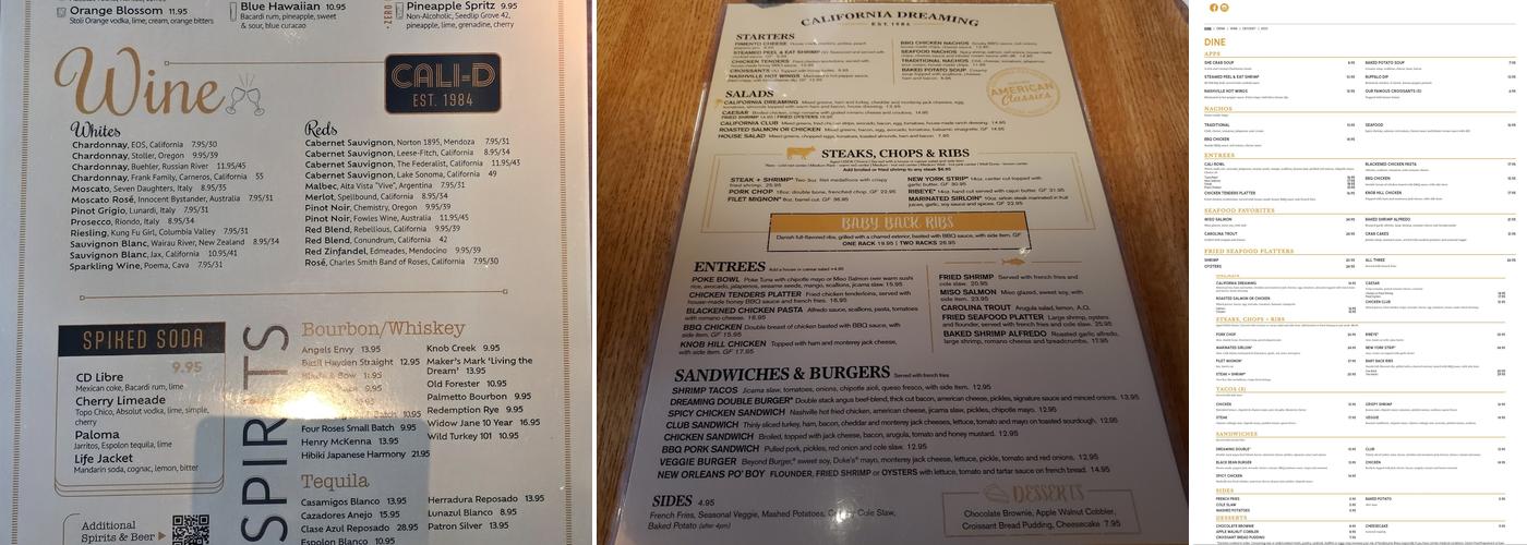 California Dreaming Menu